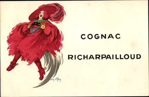 Künstler Ak Cognac Richarpailloud, Rotes Kostüm, Federhut, Reklame
