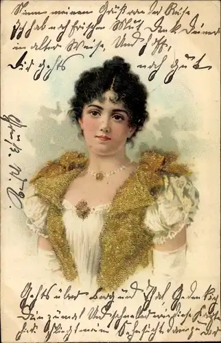 Litho Portrait einer jungen Frau, Weißes Kleid, Goldene Weste
