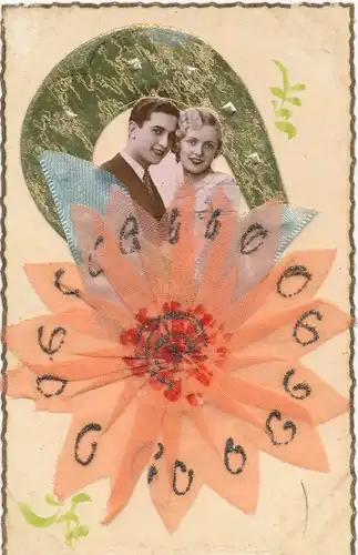 Stoff Ak Liebespaar, Blume, Kitsch