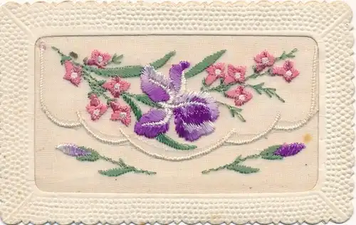 Stoff Ak Blumenstrauß, Pinke und violette Blumen, Gewebt