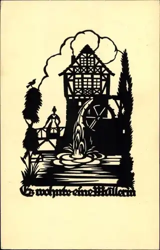 Scherenschnitt Ak Schwindt, A. M., Es wohnte eine Müllerin, Wassermühle
