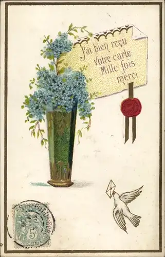 Litho J'ai boen recu votre carte Mille fois merci, Blumenvase, Vergissmeinnicht