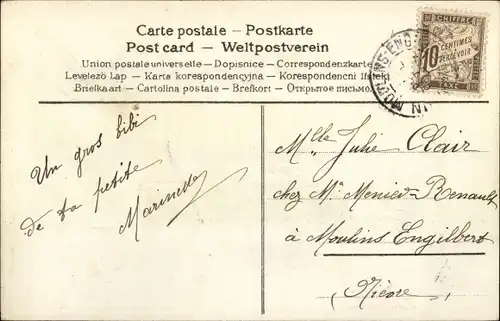 Litho J'ai boen recu votre carte Mille fois merci, Blumenvase, Vergissmeinnicht