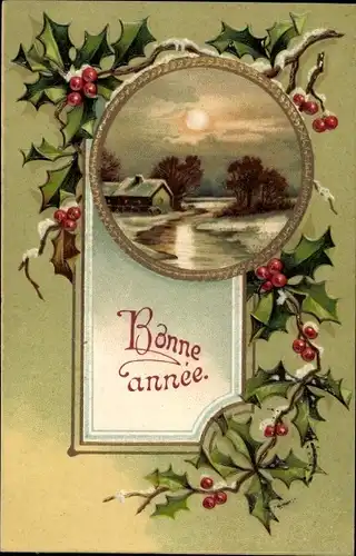 Präge Litho Glückwunsch Neujahr, Landschaft im Mondschein, Stechpalmenzweige