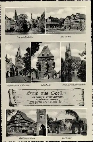 Ak Soest in Westfalen, am großen Teich, Markt, Rathaus, Osthofentor, Jakobitor, Freiliggrath-Haus
