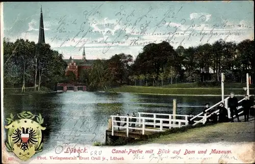 Ak Hansestadt Lübeck, Kanalpartie mit Blick auf Dom und Museum, Wappen