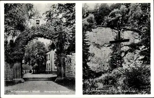 Ak Willebadessen in Westfalen, Romantisches Schloßtor, Kriegerehrung Egge Kreuz