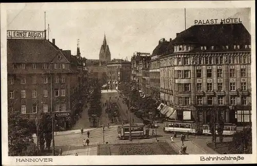 Ak Hannover in Niedersachsen, Bahnhofstraße, Palasthotel, Straßenbahnen