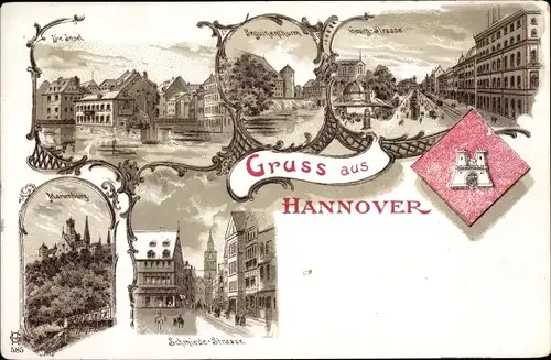 Litho Hannover Niedersachsen, Marienburg, Schmiedestraße, Beguinenturm, Georgstraße, Insel, Wappen