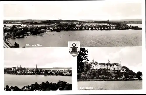 Ak Plön am See, Schloßpartie, Gesamtansicht, Vogelschau, Wappen