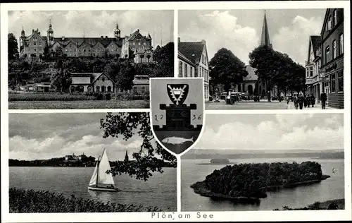 Ak Plön am See in Schleswig Holstein, Wappen, Stadtbild, Uferpartie, Insel