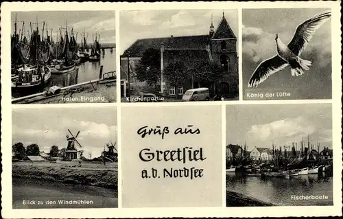 Ak Greetsiel an der Nordsee, Hafen Eingang, Windmühle, Kirche, Fischerboote