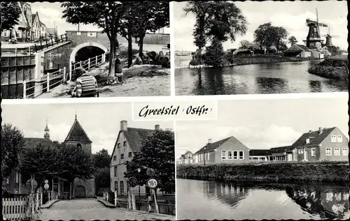 Ak Greetsiel Krummhörn in Ostfriesland, Flusspartie, Windmühle, Brücke