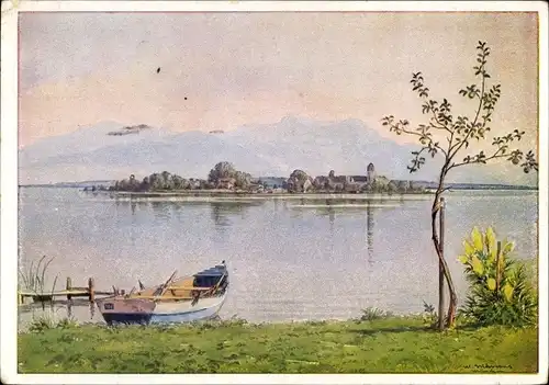 Künstler Ak Märtens, H., Gstadt am Chiemsee, Blick auf die Fraueninsel