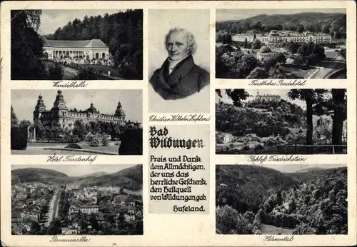 Ak Bad Wildungen in Nordhessen, Wandelhalle, Badehotel, Schloss Firedrichstein, Brunnenallee