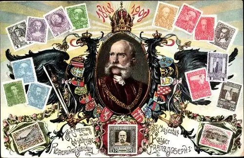 Briefmarken Ak Kaiser Franz Joseph I., 60 jähriges Regierungsjubiläum, Portrait, Wappen