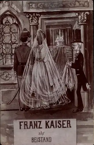 Ak Hochzeitspaar, Franz Kaiser als Beistand, Karikatur