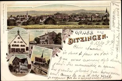 Litho Ditzingen in Württemberg, Bahnhof, Konstanzer Kirche, Rathaus, Buchbinderei, Totalansicht