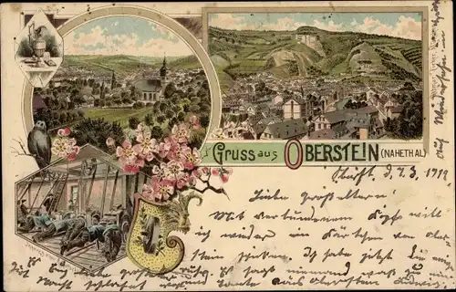 Litho Idar Oberstein an der Nahe, Achatschleiferei, Blick auf den Ort