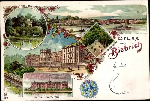 Künstler Litho Biebrich am Rhein Wiesbaden, Kastanienallee, Unteroffizierschule, Moosburg, Schloss