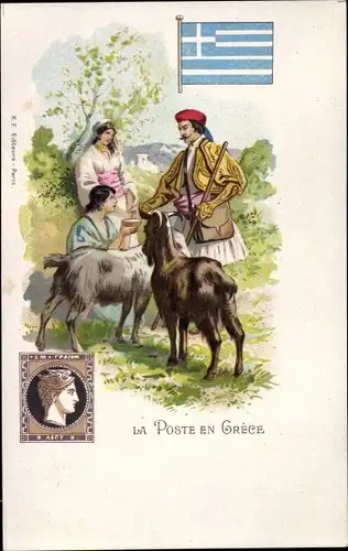 Briefmarken Litho Griechenland, Griechische Tracht, Ziegen, Griechische Fahne, La Poste en Grece