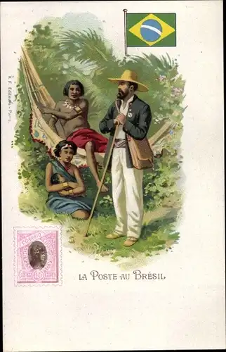 Briefmarken Litho Brasilien, La Poste au Bresil, Postbote, Hängematte