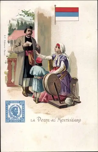 Briefmarken Litho Montenegro, La Poste au Montenegro, Postbote, Spinnrad, Frau in Tracht