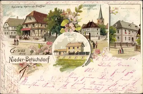 Litho Niederbetschdorf Betschdorf Elsass Bas Rhin, Epicerie, Mädchenschule, Kirche, Bahnhof