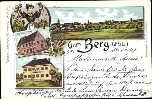 Litho Berg in der Pfalz, Frau mit Bierkrug, Schule, Gasthaus zum Pflug, Totalansicht
