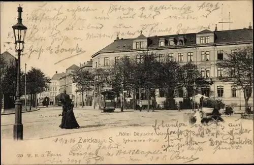 Ak Zwickau in Sachsen, Hotel Deutscher Kaiser, Schumann Platz, Straßenbahn 21