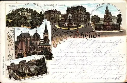 Litho Aachen in Nordrhein Westfalen, Dom, Elisenbrunnen, Kriegerdenkmal, Kaiserplatz m. Fontäne