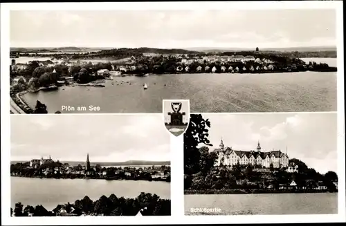 Ak Plön am See, Schloßpartie, Gesamtansicht, Vogelschau, Wappen