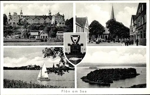 Ak Plön am See in Schleswig Holstein, Wappen, Stadtbild, Uferpartie, Insel