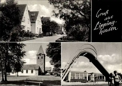 Ak Lippinghausen Hiddenhausen Westfalen, Teilansicht, Kinder an der Rutsche, Kirche