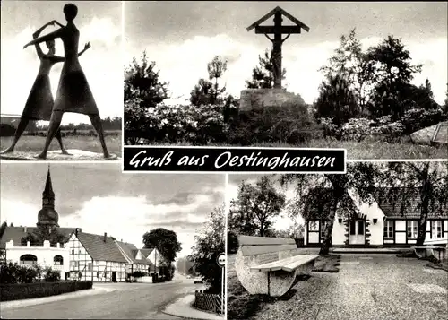 Ak Oestinghausen in Nordrhein Westfalen, Wegkreuz, Statue, Straßenpartie, Parkbank