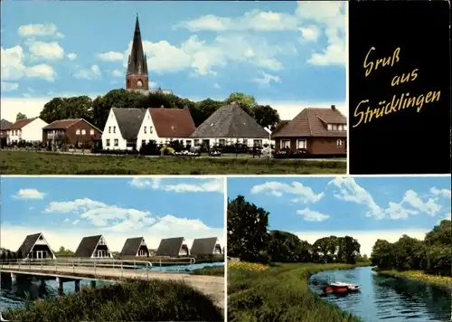 Ak Strücklingen Saterland in Niedersachsen, Ortspartie, Kirche, Kanal