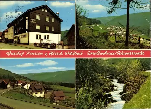 Ak Sprollenhaus Bad Wildbad im Schwarzwald, Gasthof Pension zum Hirsch, Gesamtansicht, Bach