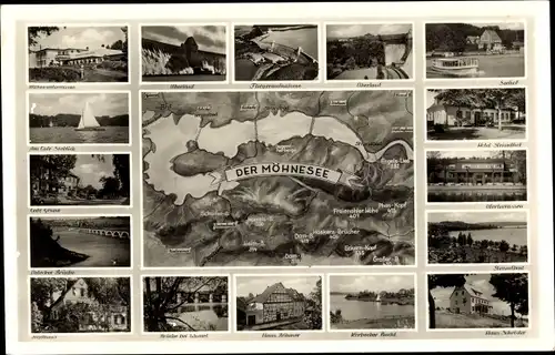 Ak Möhnesee in Westfalen, Landkarte, Gasthöre, Überlauf, Fliegeraufnahme