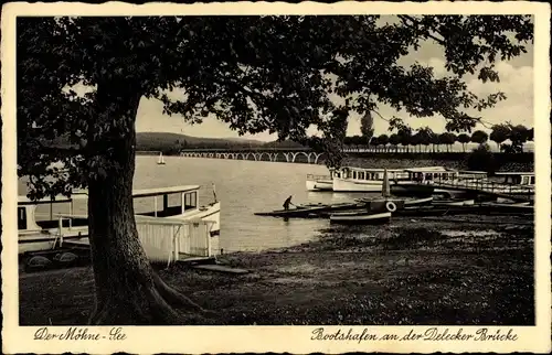 Ak Möhnesee, Blick auf den Bootshafen an der Delecker Brücke