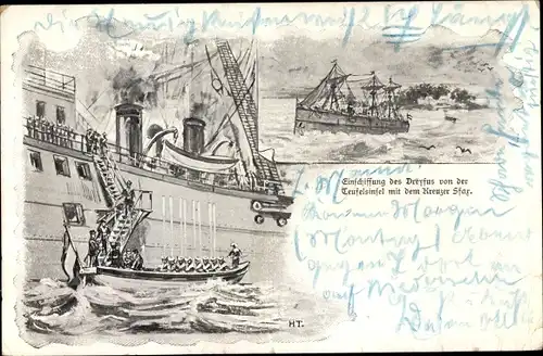 Künstler Ak Einschiffung von Alfred Dreyfus von der Teufelsinsel mit dem Kreuzer Star