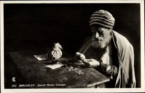 Judaika Ak Jerusalem Israel, Changeur juif, jüdischer Geldwechsler, Portrait
