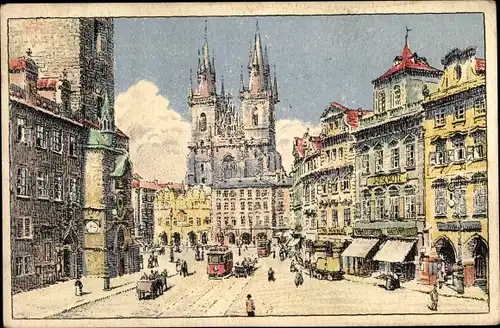 Ak Praha Prag Tschechien, Staromestske namesti s Tynskym kostelem a radnici