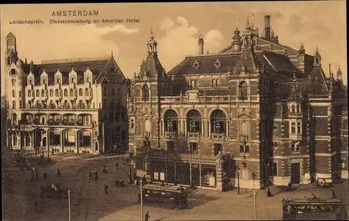 Ak Amsterdam Nordholland Niederlande, Leidscheplein, Stadsschouwburg, American Hotel, tram