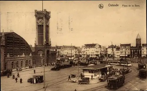 Ak Oostende Ostende Westflandern, Place de la Gare, tramways