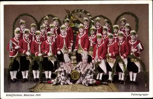 Ak München Bayern, Schäfflertanz 1935, Fahnengruppe