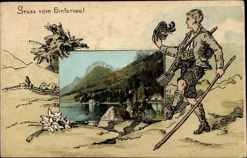 Passepartout Ak Ramsau bei Berchtesgaden Oberbayern, Hintersee, Ramsauer Ache, Wanderer