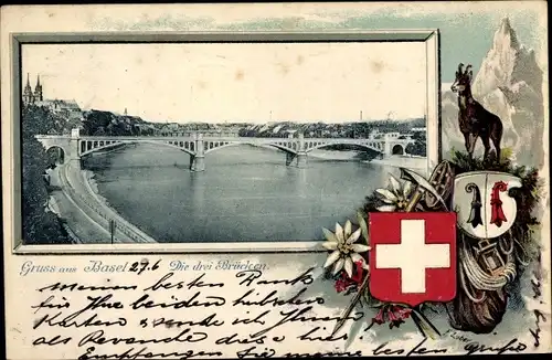 Präge Wappen Passepartout Ak Bâle Basel Stadt Schweiz, Die drei Brücken