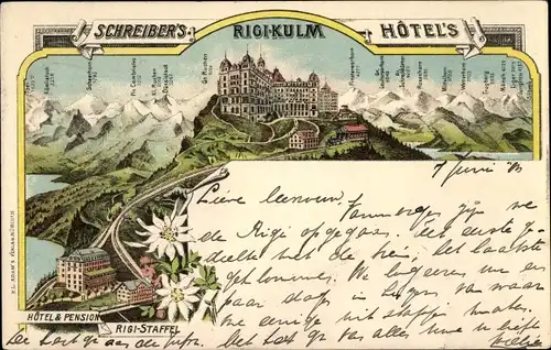 Litho Rigi Kulm Kanton Schwyz, Schreibers Hotels, Pension Rigi Staffel, Alpenpanorama