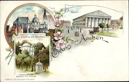 Litho Aachen in Nordrhein Westfalen, Dom, Theater, Lousberg mit Belvedère