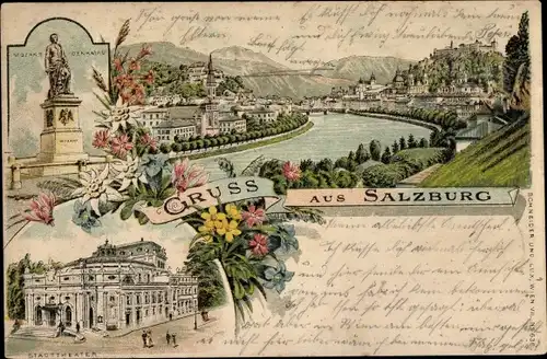 Litho Salzburg in Österreich, Stadtpanorama, Stadttheater, Mozart Denkmal